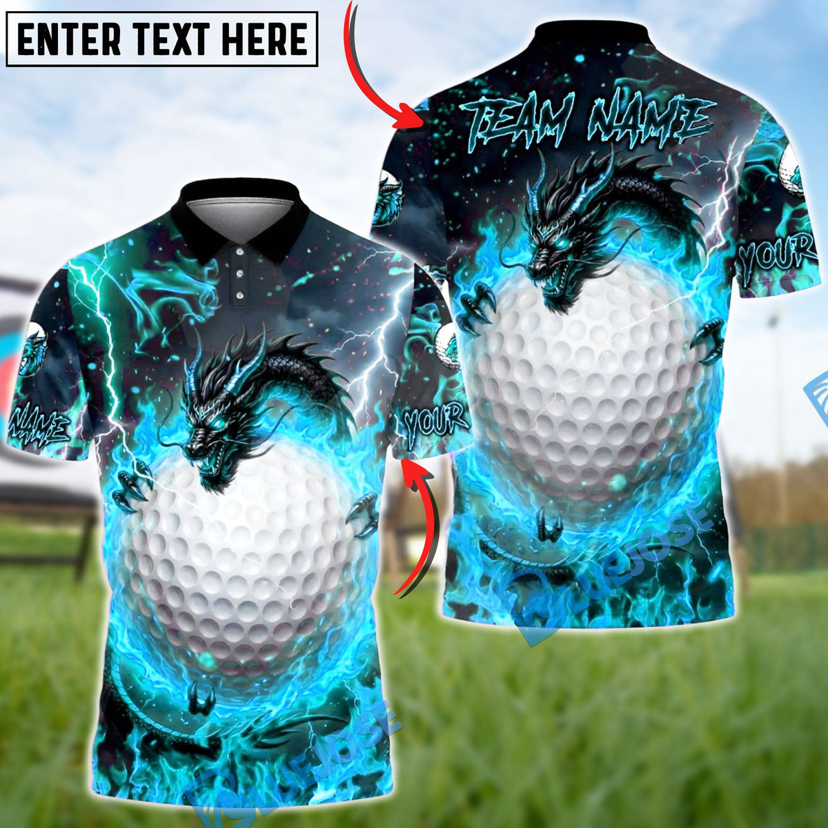 BlueJose Fire Dragon & Golf Ball Golf Polo Shirt, Customized Name & Team Name 3D Shirts (4 Colors) (