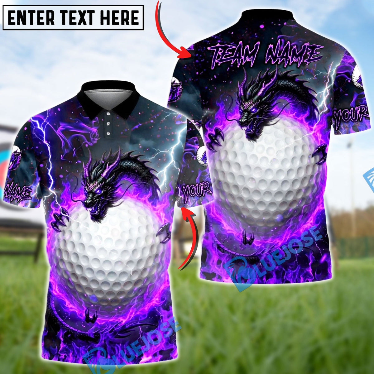 BlueJose Fire Dragon & Golf Ball Golf Polo Shirt, Customized Name & Team Name 3D Shirts (4 Colors) (