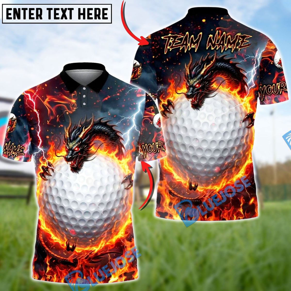 BlueJose Fire Dragon & Golf Ball Golf Polo Shirt, Customized Name & Team Name 3D Shirts (4 Colors) (
