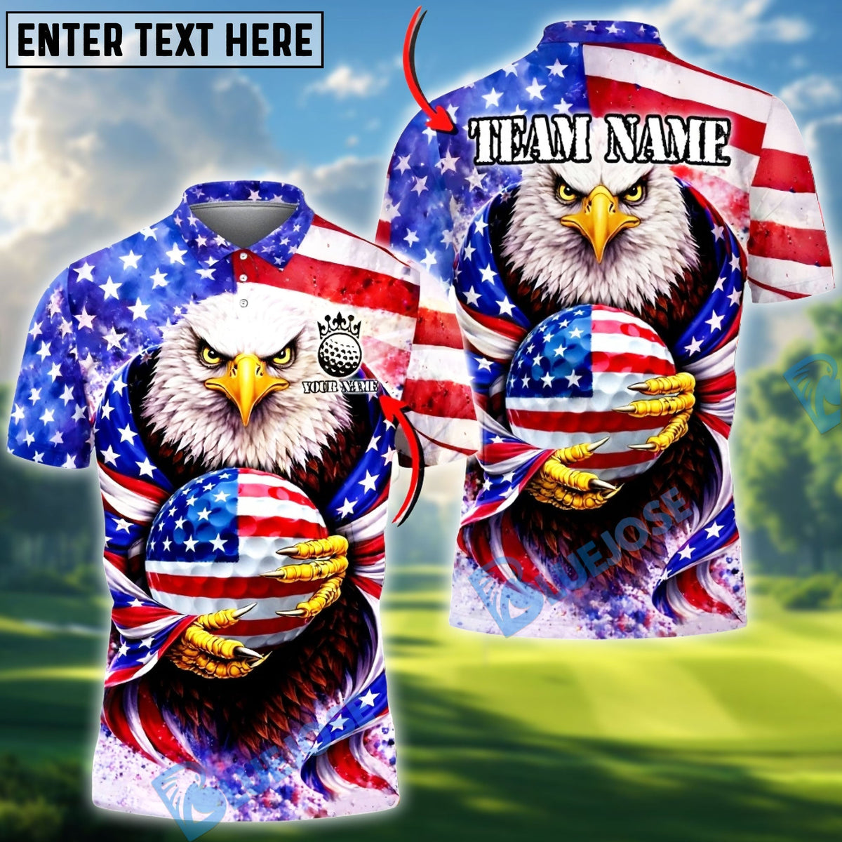BlueJose American Eagle USA Flag New Day Golf Polo Customized Name, Team Name Shirts