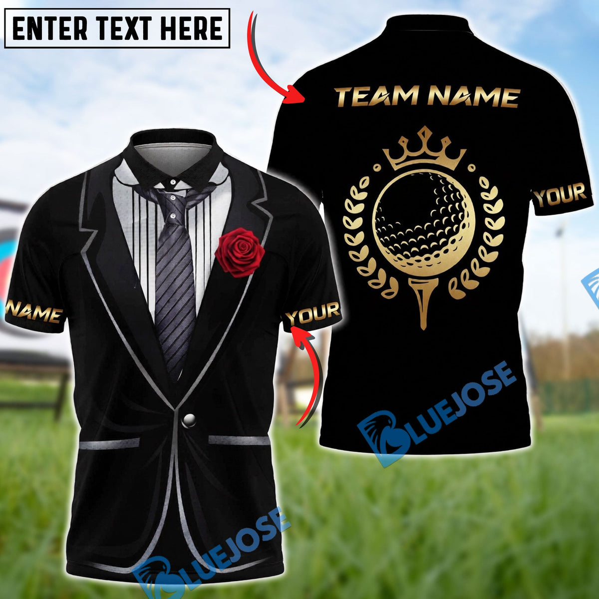 BlueJose Golf Tuxedo Rose Customized Name, Team Name 3D Shirts