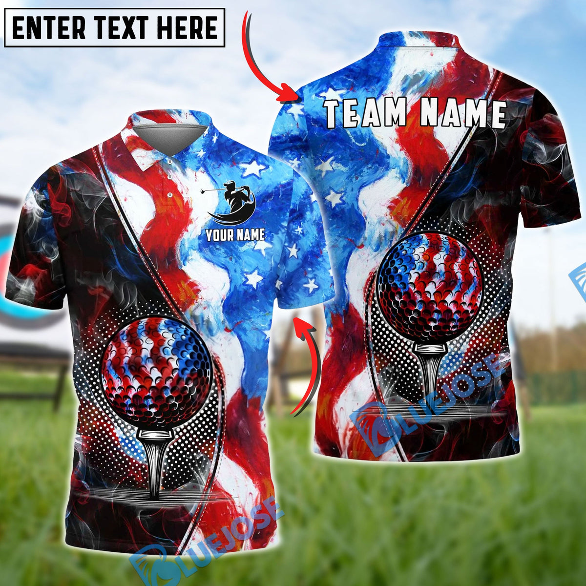 BlueJose Golf American Flag Paint Point Customized Name, Team Name 3D Shirt