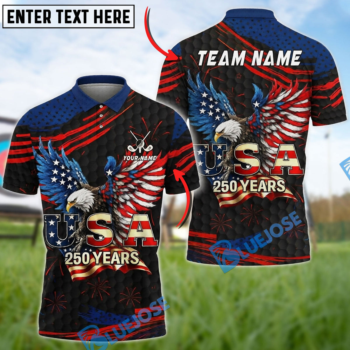 BlueJose Golf USA Eagle Patriotic 250 Years Independence Day Black Customized Name, Team Name 3D Shirts