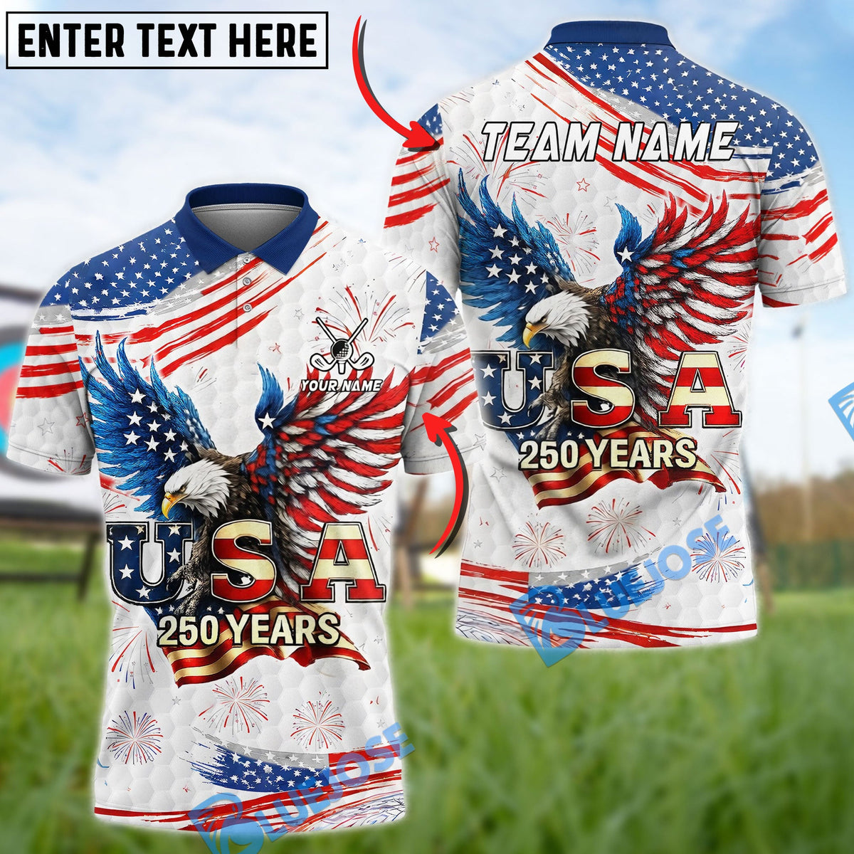 BlueJose Golf USA Eagle Patriotic 250 Years Independence Day White Customized Name, Team Name 3D Shirts