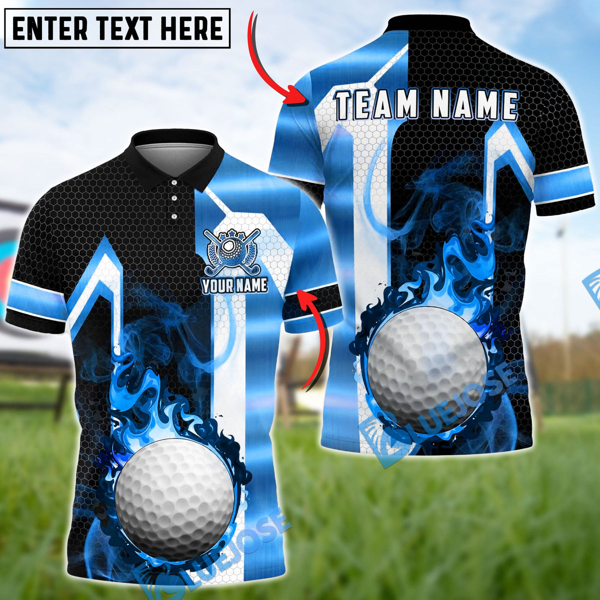 BlueJose Golf Flaming Golf Ball Black Gold Geometric Personalized Name, Team Name 3D Shirt (6 Colors)