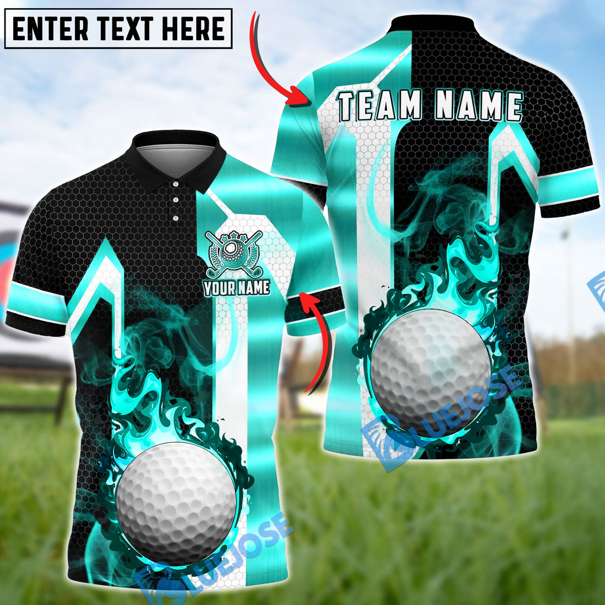BlueJose Golf Flaming Golf Ball Black Gold Geometric Personalized Name, Team Name 3D Shirt (6 Colors)