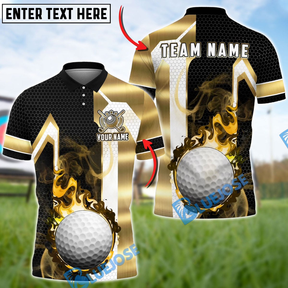 BlueJose Golf Flaming Golf Ball Black Gold Geometric Personalized Name, Team Name 3D Shirt (6 Colors)