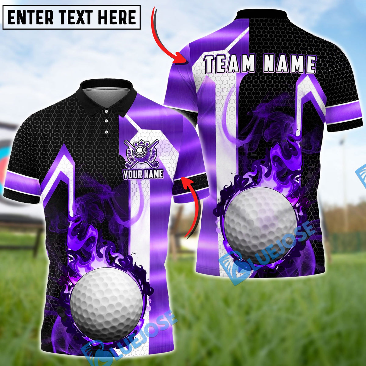 BlueJose Golf Flaming Golf Ball Black Gold Geometric Personalized Name, Team Name 3D Shirt (6 Colors)