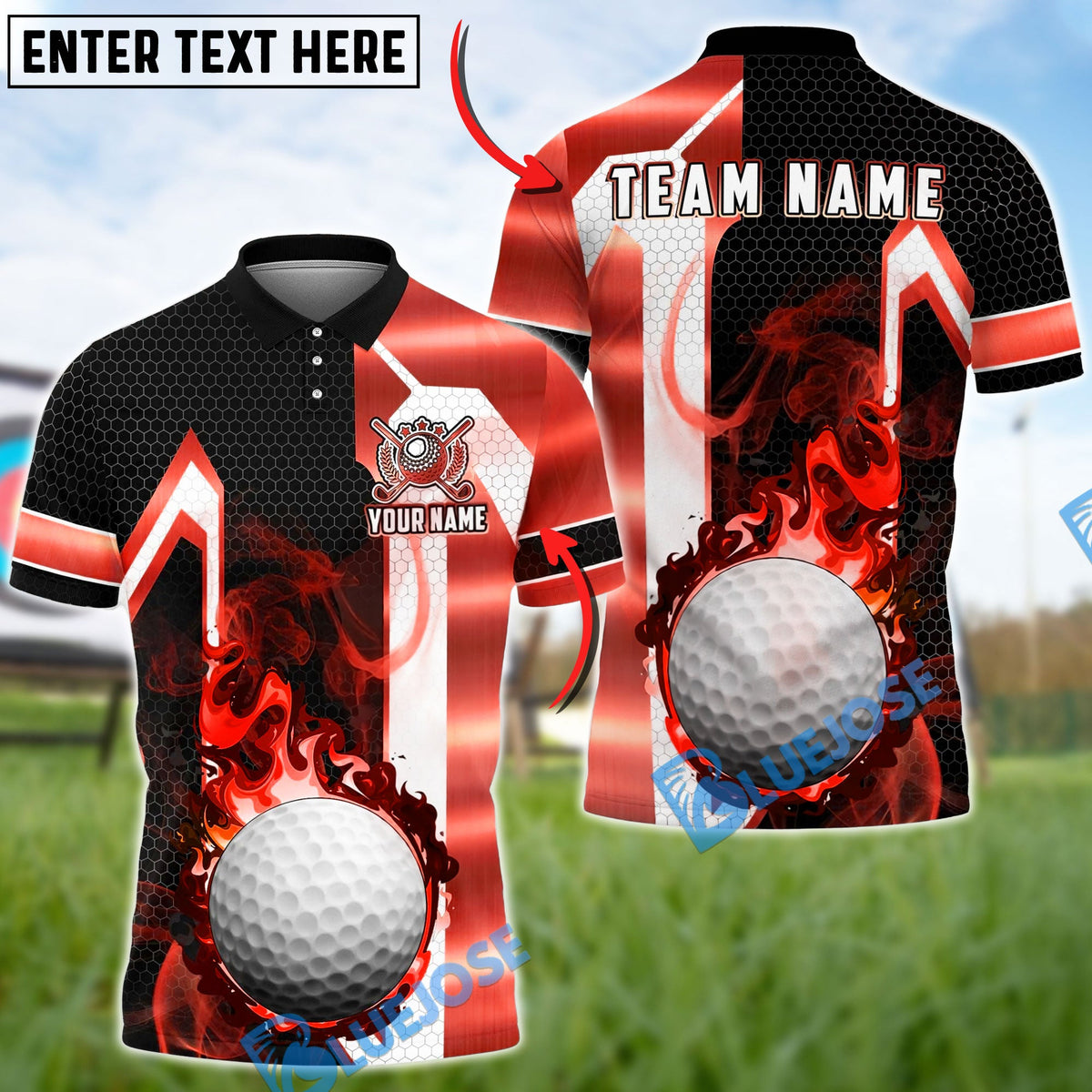 BlueJose Golf Flaming Golf Ball Black Gold Geometric Personalized Name, Team Name 3D Shirt (6 Colors)