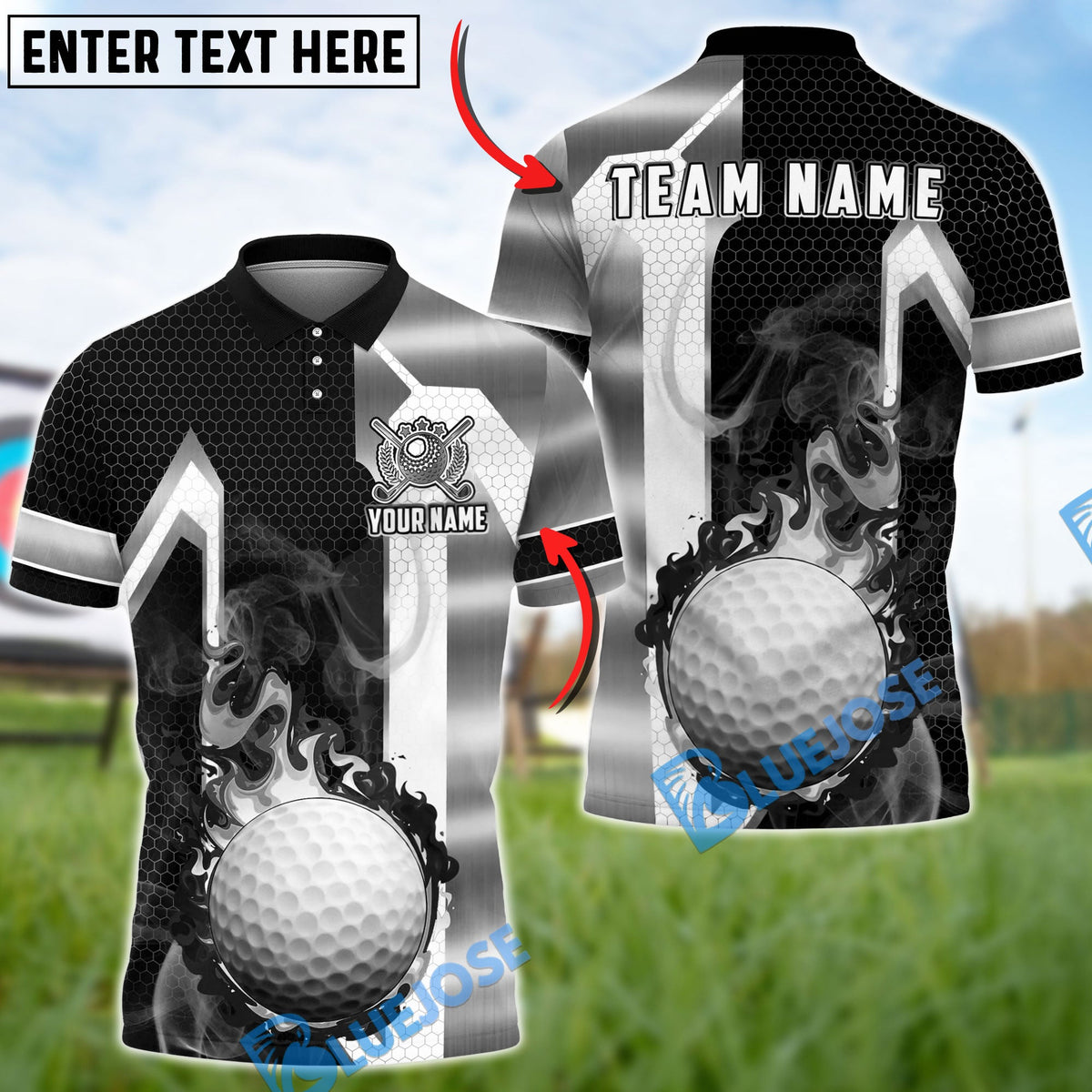 BlueJose Golf Flaming Golf Ball Black Gold Geometric Personalized Name, Team Name 3D Shirt (6 Colors)