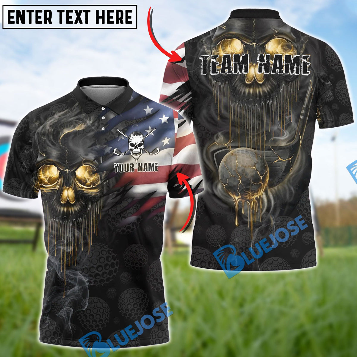 BlueJose Golf Skull American Flag Melting Gold Customized Name, Team Name 3D Shirts