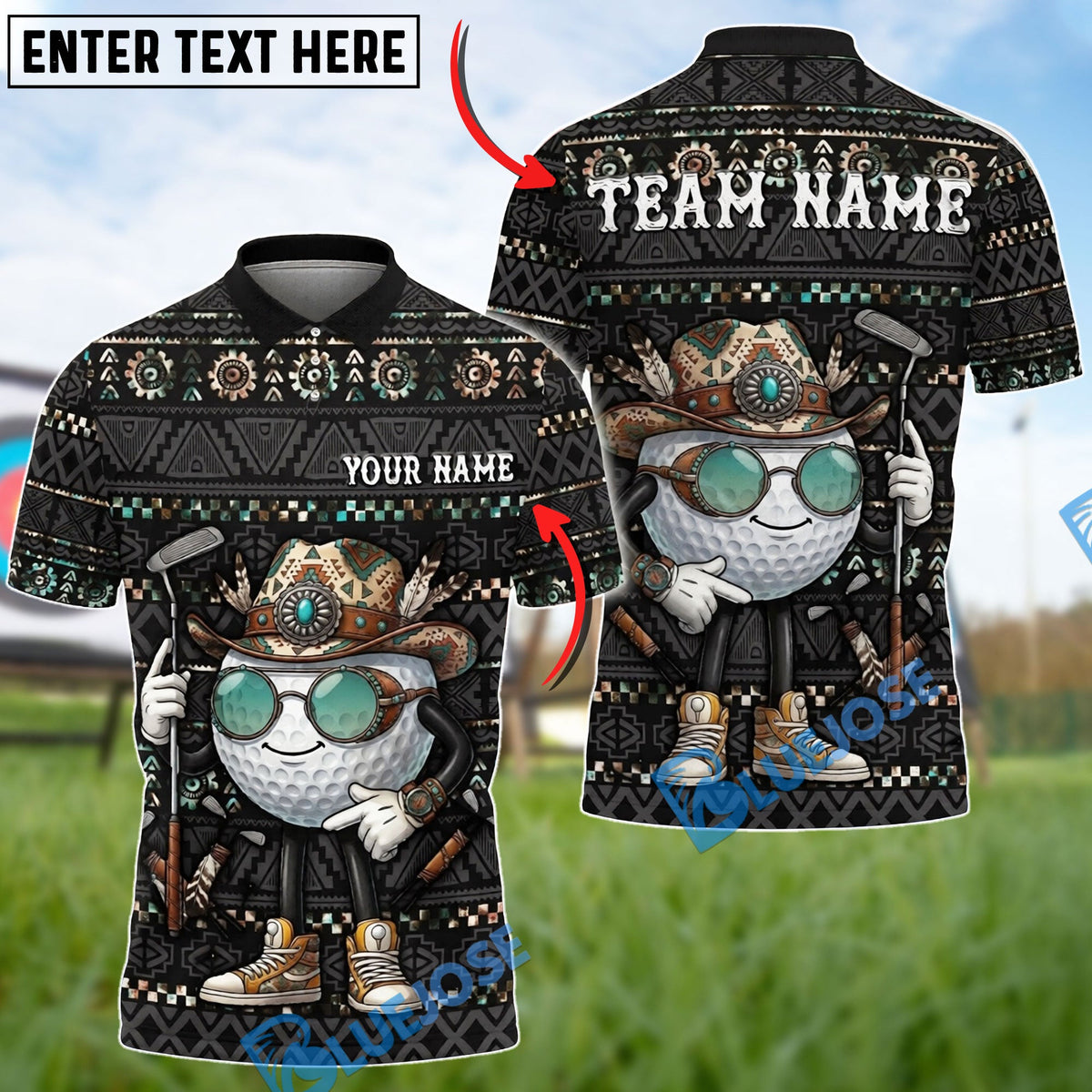 BlueJose Golf Native Western Cowboy Ball Clubs Design Customized Name, Team Name Shirts