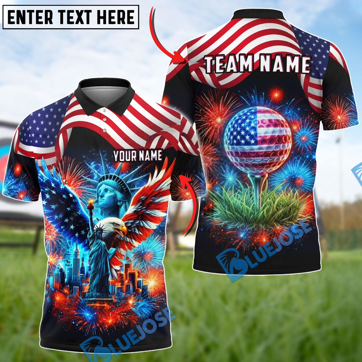 BlueJose Golf Patriotic American Flag Statue of Liberty Eagle Fireworks Customized Name, Team Name Shirts