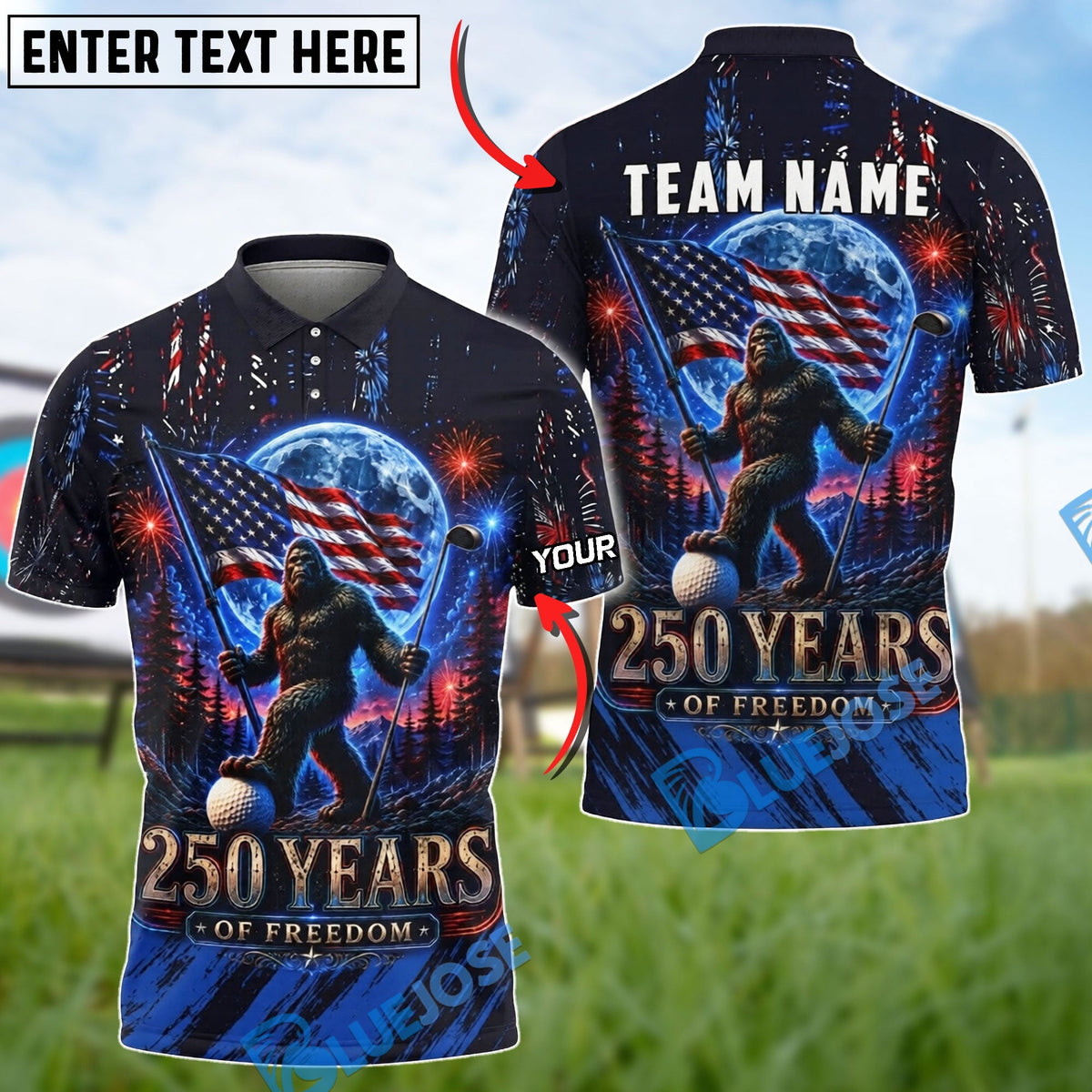 BlueJose Golf Bigfoot American Flag 250 Years Freedom Design Customized Name, Team Name Shirts