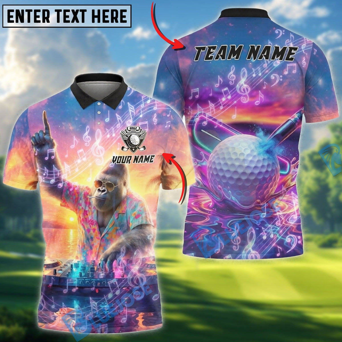 BlueJose Golf DJ Gorilla Music Sunset Customized Name, Team Name 3D Shirts