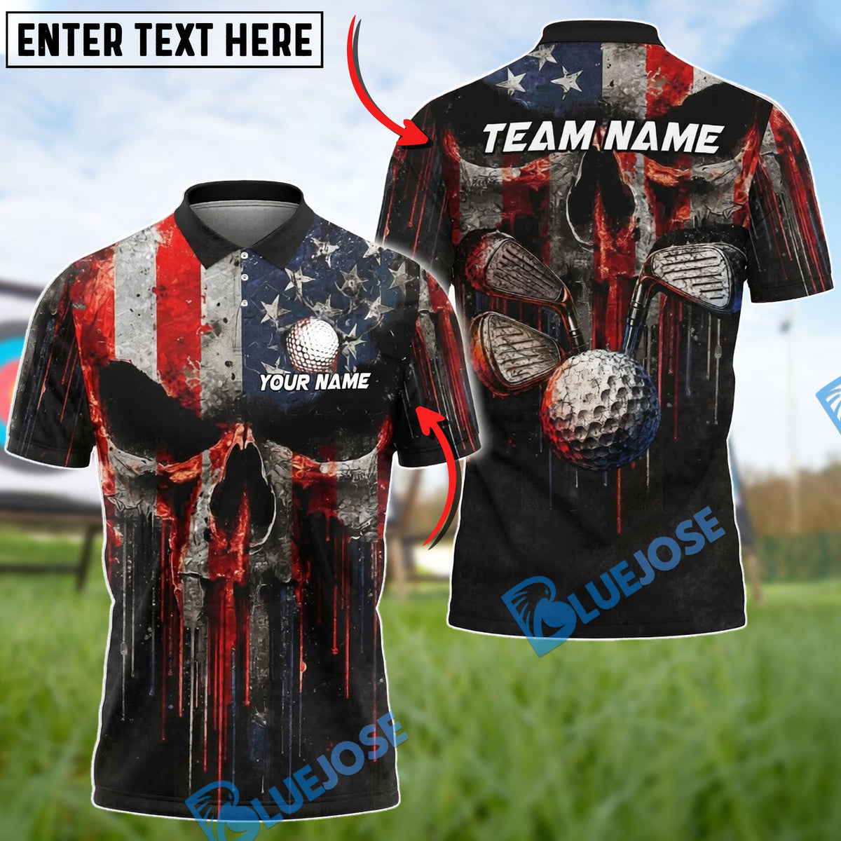 BlueJose Golf American Flag Skull Ball Clubs Design Customized Name, Team Name Shirts