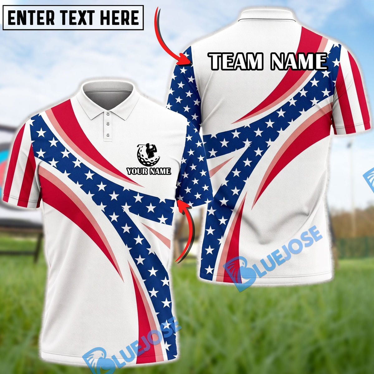 BlueJose Golf Patriotic Dynamic Wave Customized Name, Team Name 3D Shirt