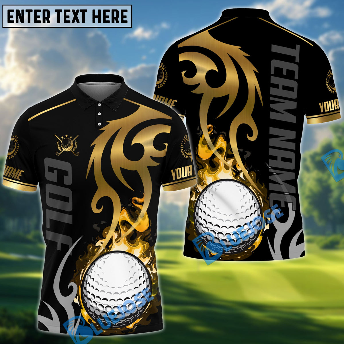 BlueJose Golf Flame Premium Pattern Personalized Name, Team Name 3D Shirt (6 Colors)