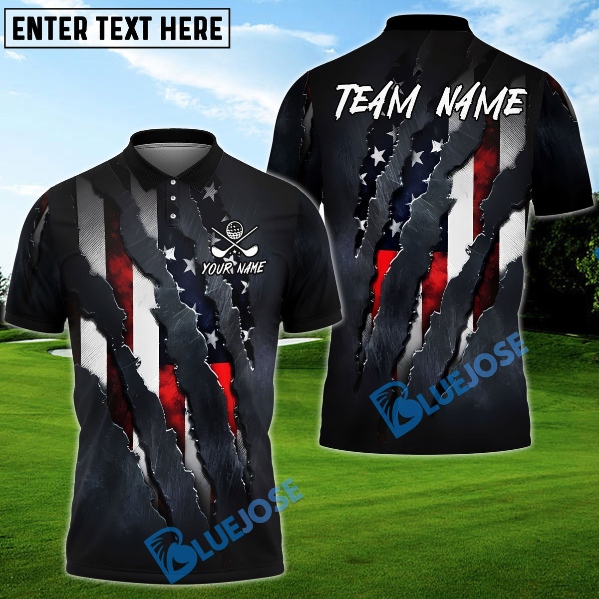BlueJose Golf American Flag Claw Ripped Patriotic Style Customized Name, Team Name Shirts