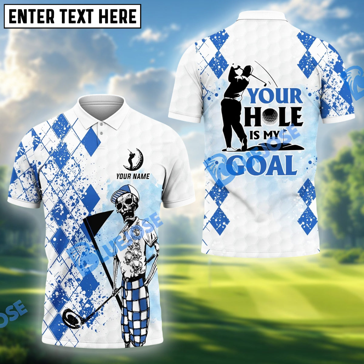 BlueJose Golf Skull Blue Pattern Your Hole Is My Goal Shirt Customized Name, Team Name 3D Shirts (4 Colors)
