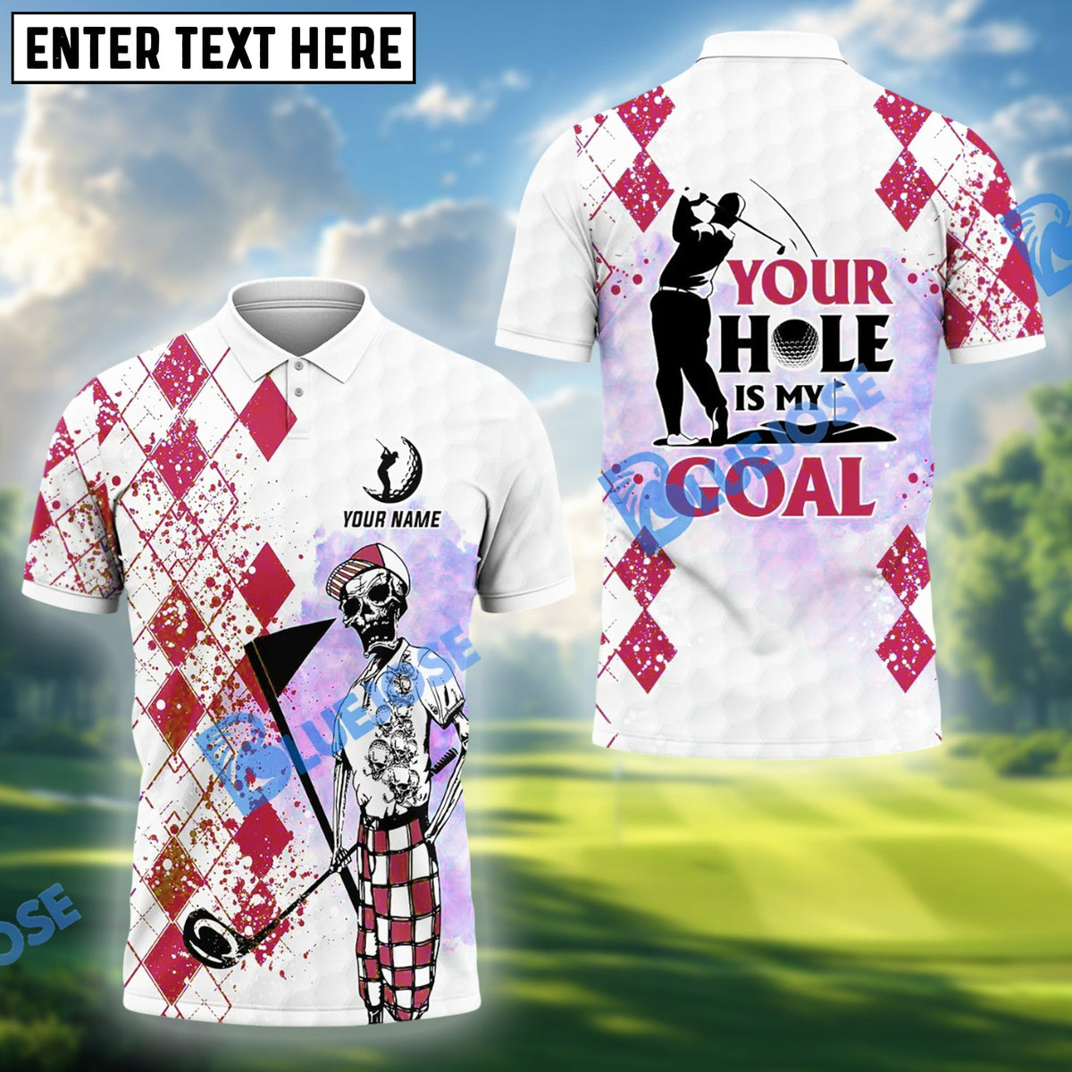 BlueJose Golf Skull Blue Pattern Your Hole Is My Goal Shirt Customized Name, Team Name 3D Shirts (4 Colors)