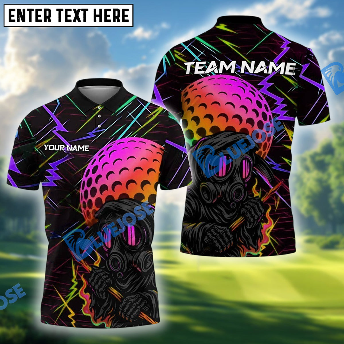 BlueJose Golf Neon Gas Mask Golfer Shirt Customized Name, Team Name 3D Shirts (4 Colors)