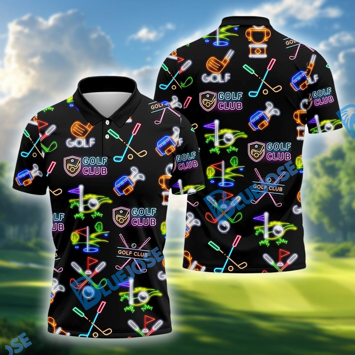 BlueJose Neon Golf Clubs Golf Polo Shirt, Custom Name & Team Name Golf 3D Shirts