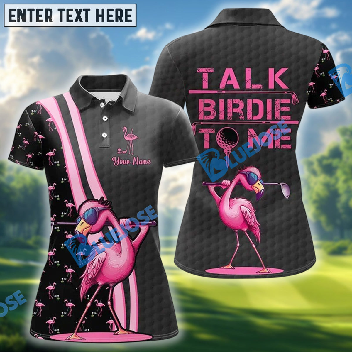 BlueJose Talk Birdie To Me Funny Pink Flamingo Golf Polo Shirt, Custom Name & Team Name 3D Shirt