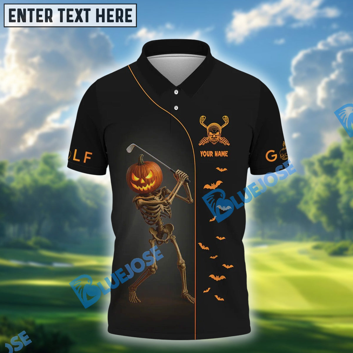 BlueJose Halloween Skeleton Golf Shirt, Custom Name & Team Name 3D Shirts